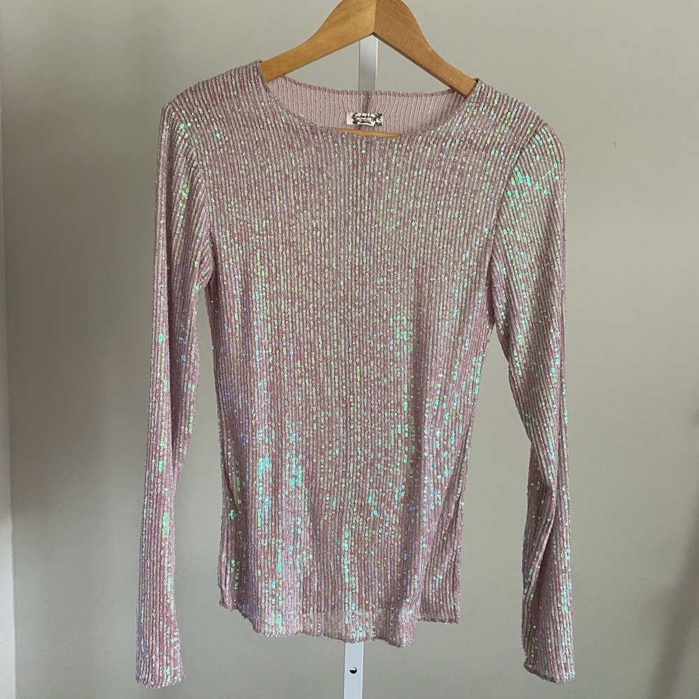 Free People Pink Sequin Fitted Blouse